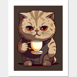 Scottish Fold Cat Drinking Coffee Posters and Art